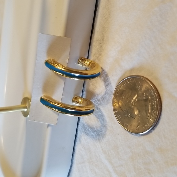 Vintage Teal & Gold Half Hoop Earrings - Picture 7 of 9